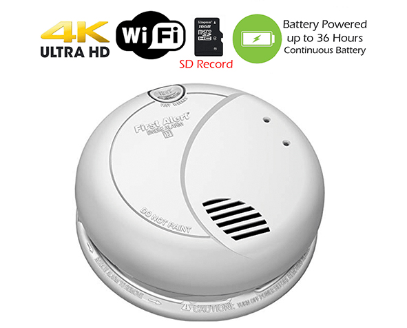 WiFi Smoke Detector 4K Ultra HD Spy Cam 36 Hours Battery Powered